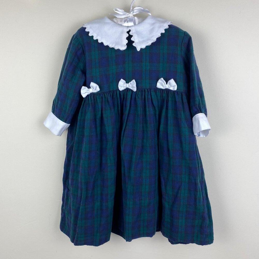 Vintage Daisies & Doodlebugs Navy Green Plaid Bow Dress 2T